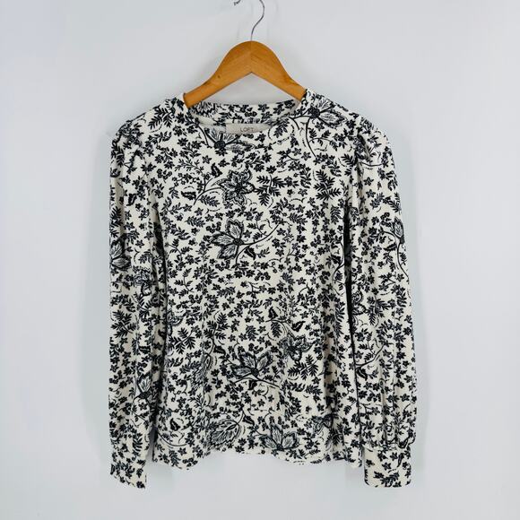 LOFT Black White Floral Velvet Burnout Long Sleeve Blouse Size Small - Picture 8 of 9
